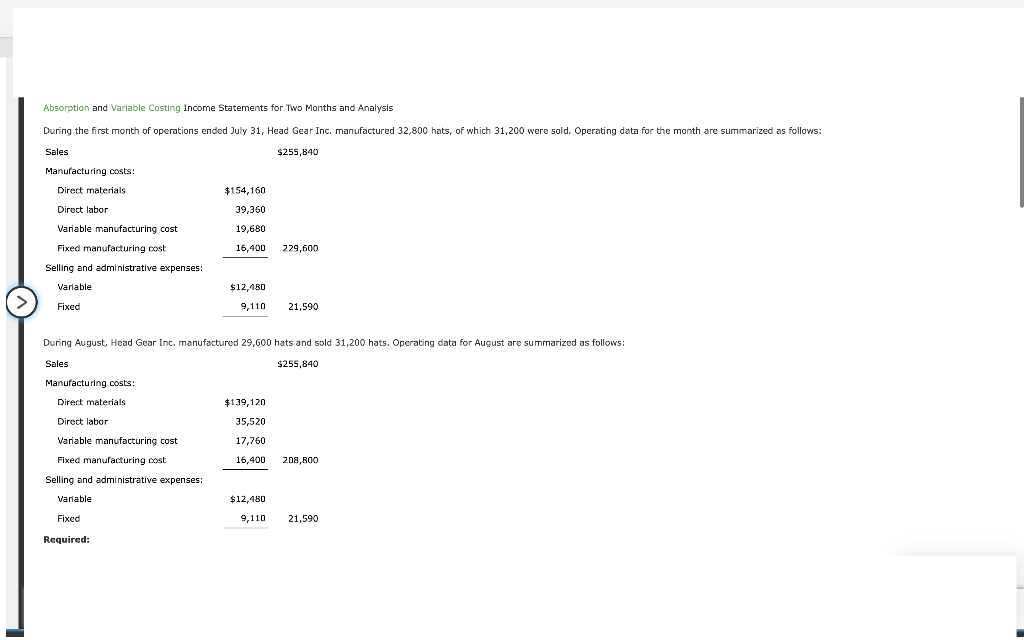  Absorption and Variable Costing Income Statements for Two Months and Analysis