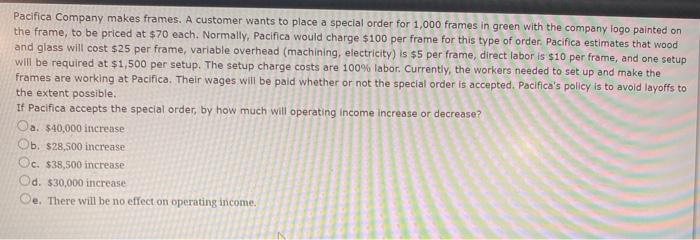  Pacifica Company makes frames. A customer wants to place a special