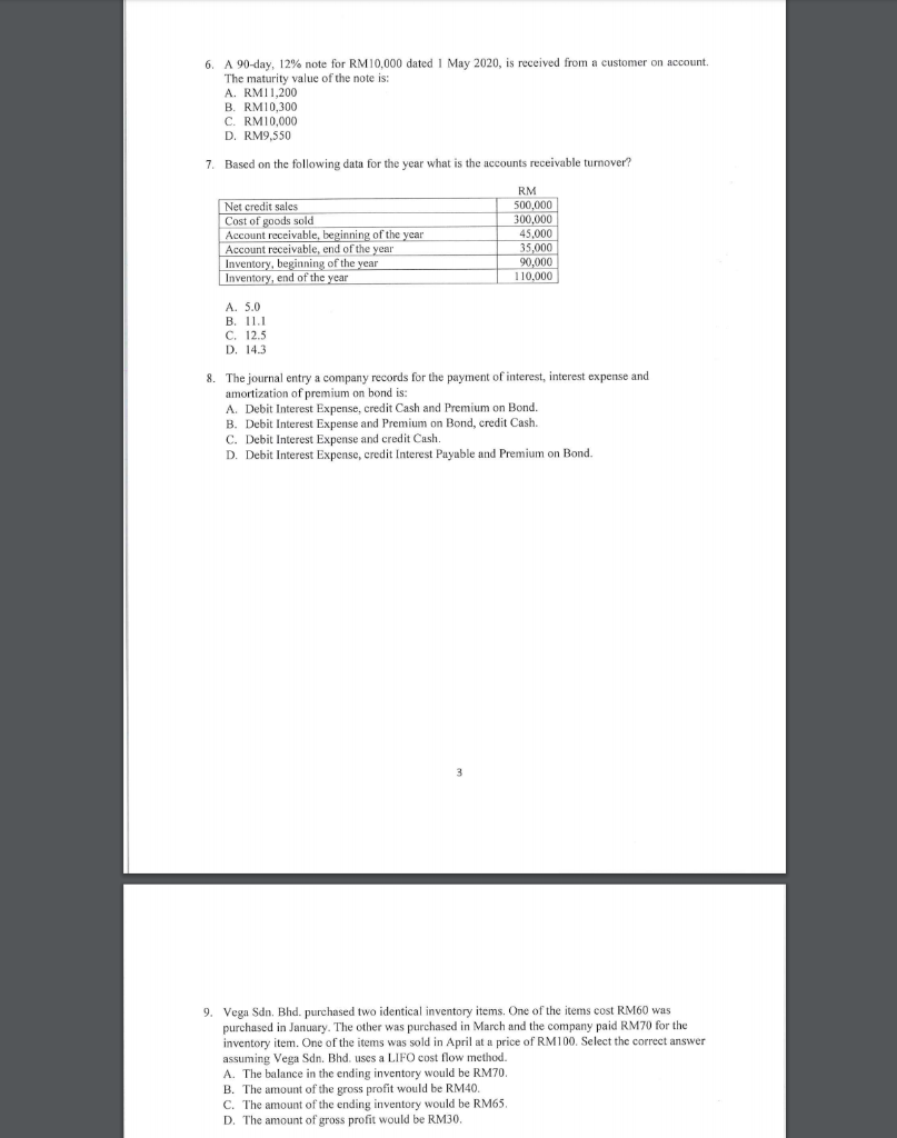 6. A 90-day, 12% note for RM10,000 dated 1 May 2020,