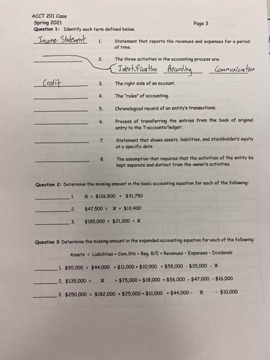  ACCT 201 Case Spring 2021 Question 1: Identify each term defined