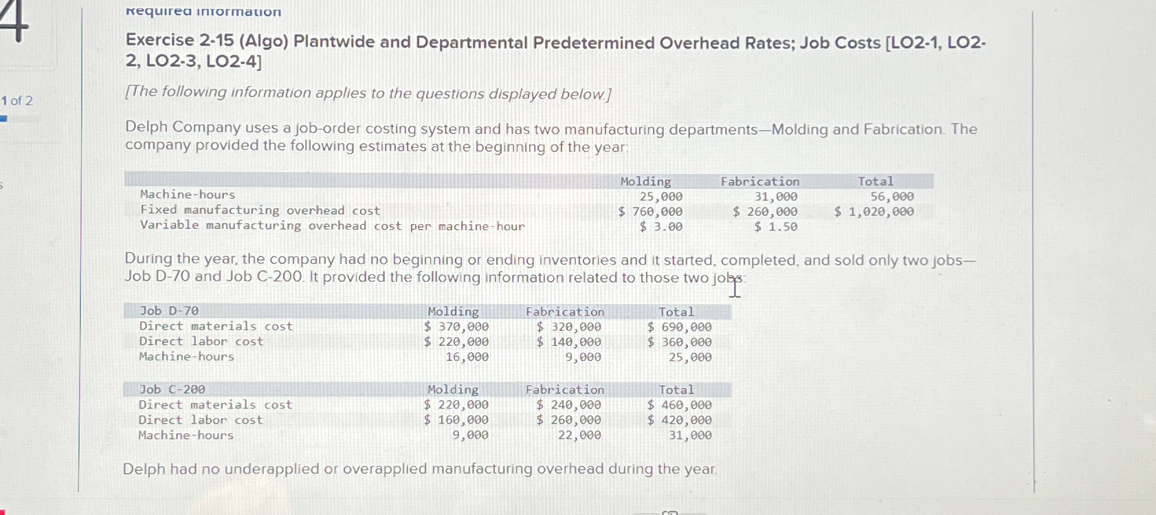  requirea iniormation Exercise 2-15(Algo) Plantwide and Departmental Predetermined Overhead Rates; Job