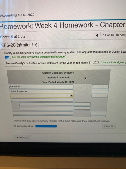  Accounting 1-Fall 2020 Homework: Week 4 Homework - Chapter Score: 0