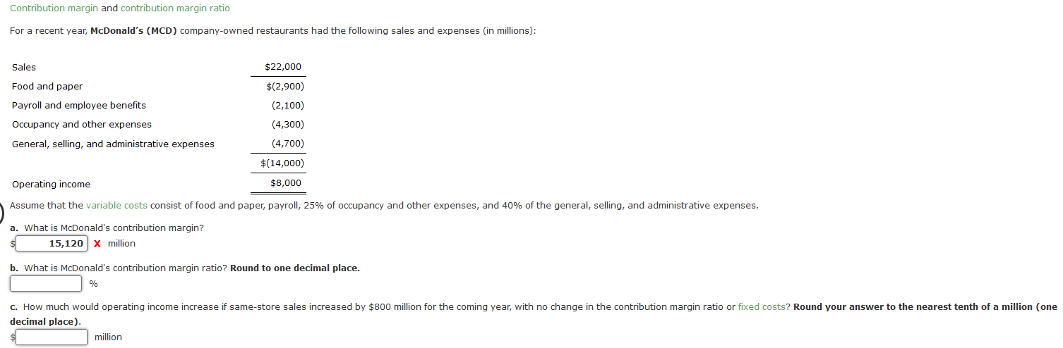  Contribution margin and contribution margin ratio For a recent year, McDonald's