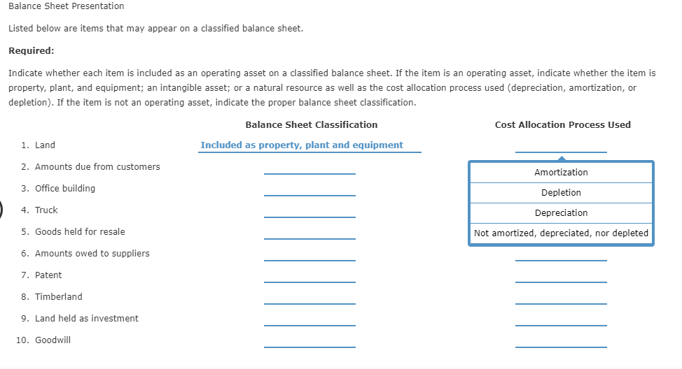  Balance Sheet Presentation Listed below are items that may appear on