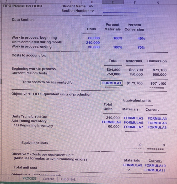 D Student Name > FIFO PROCESS COST Section Number -> Data