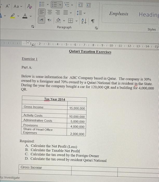  Part A: Below is some information for ABC Company based in