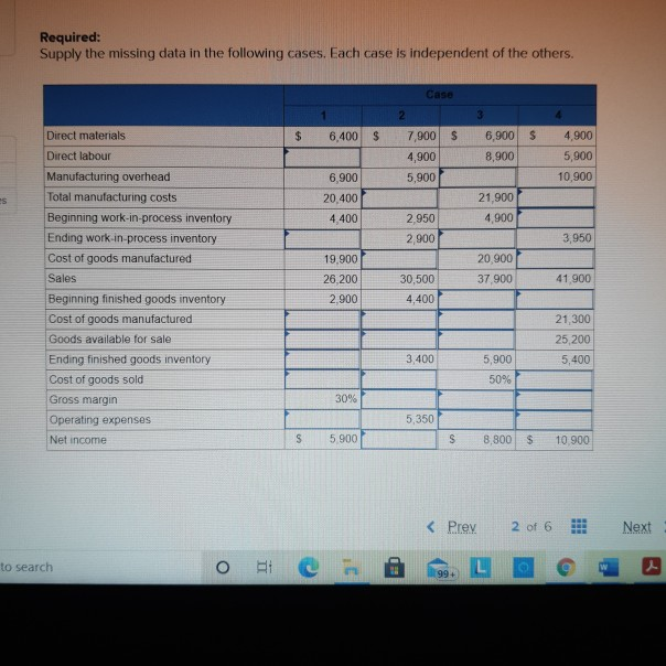  Required: Supply the missing data in the following cases. Each case