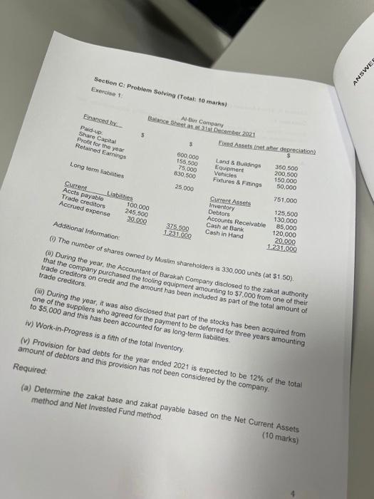  Section C: Probiem Solving (Total to marks) Exerclse 1 moslim shareholders