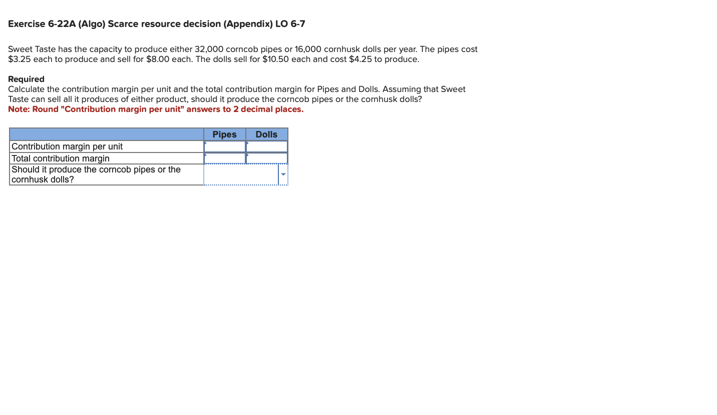  Exercise 6-22A (Algo) Scarce resource decision (Appendix) LO 6-7 Sweet Taste