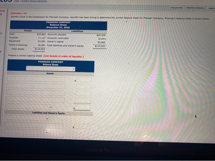  Helal System Announcements CALCULATOR PRINTER VERSION BACK RCES Exercise 1-13 Jennifer