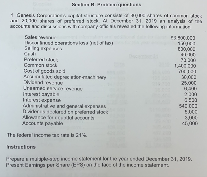  Section B: Problem questions 1. Genesis Corporation's capital structure consists of
