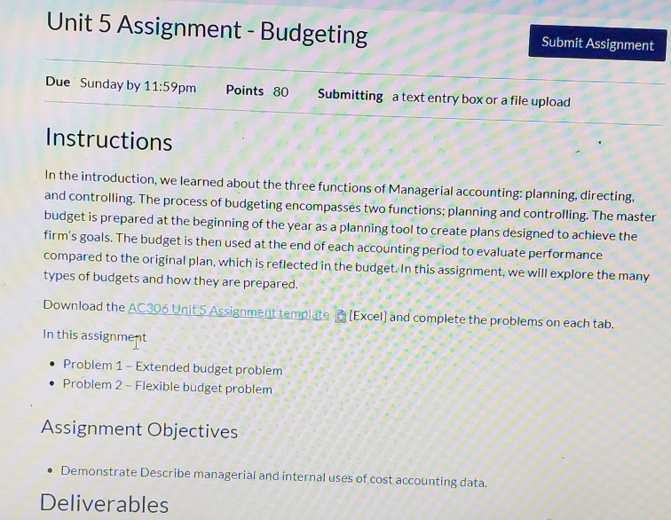  Unit 5 Assignment - Budgeting Submit Assignment Due Sunday by 11:59pm