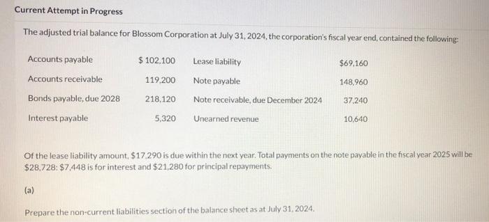  Current Attempt in Progress The adjusted trial balance for Blossom Corporation