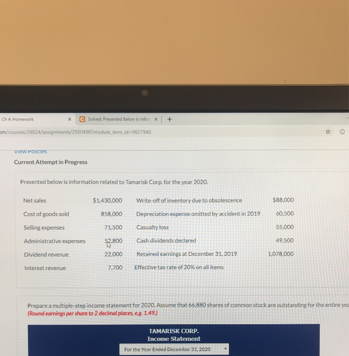  Ch 4: Homework X C Solved: Presented Below is Infor x