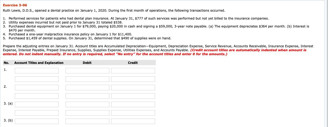  Exercise 3-06 Ruth Lewis, D.D.S., opened a dental practice on January