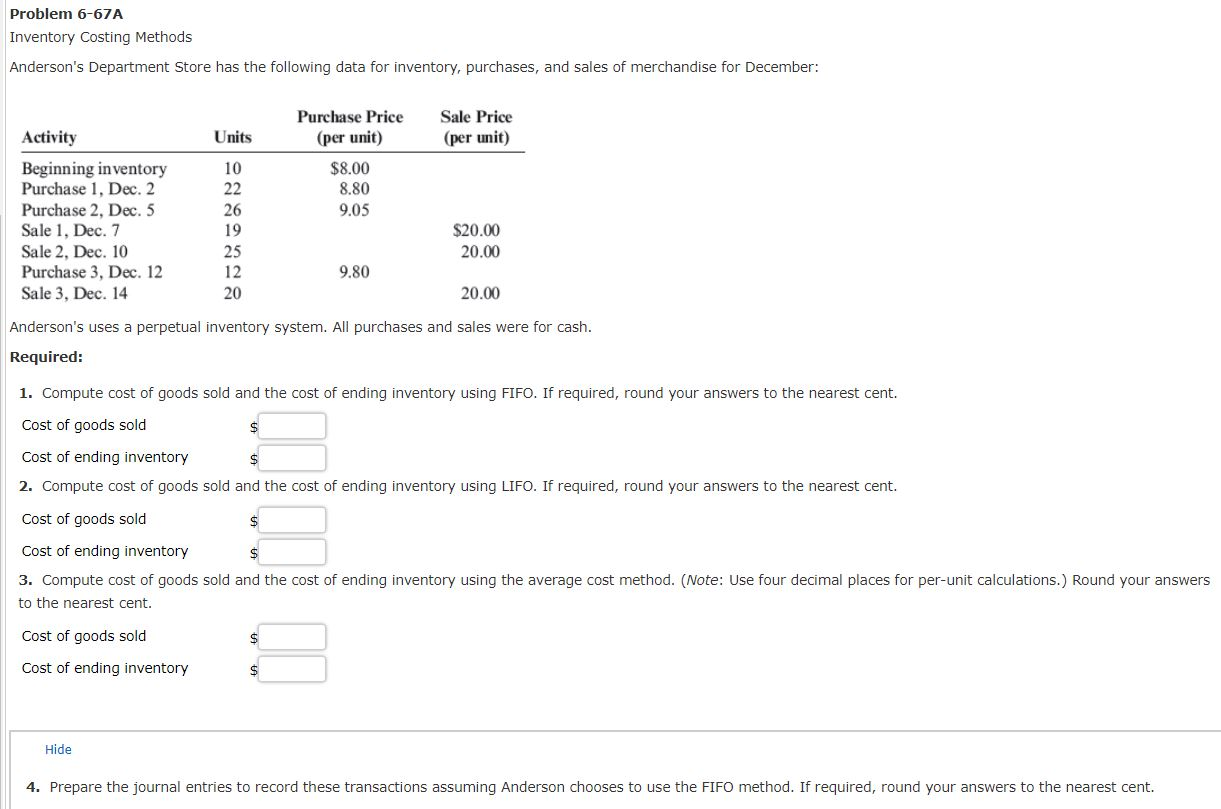  Problem 6-67A Inventory Costing Methods Anderson's Department Store has the following