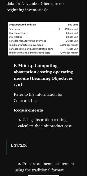  data for November (there are no beginning inventories): E-M:6-14. Computing absorption