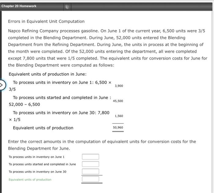  Chapter 20 Homework Errors in Equivalent Unit Computation Napco Refining Company