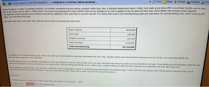 tala Wham Products, a maker of specialty products, is currently manufacturing and