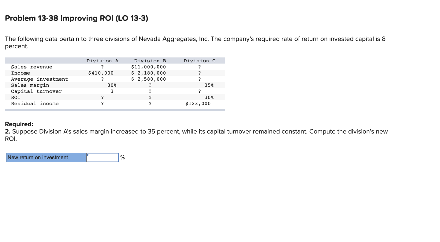  Problem 13-38 Improving ROI (LO 13-3) The following data pertain to