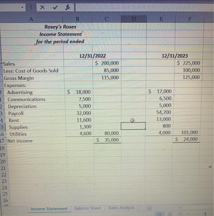 a horizontal analysis using excel x & for . A D E