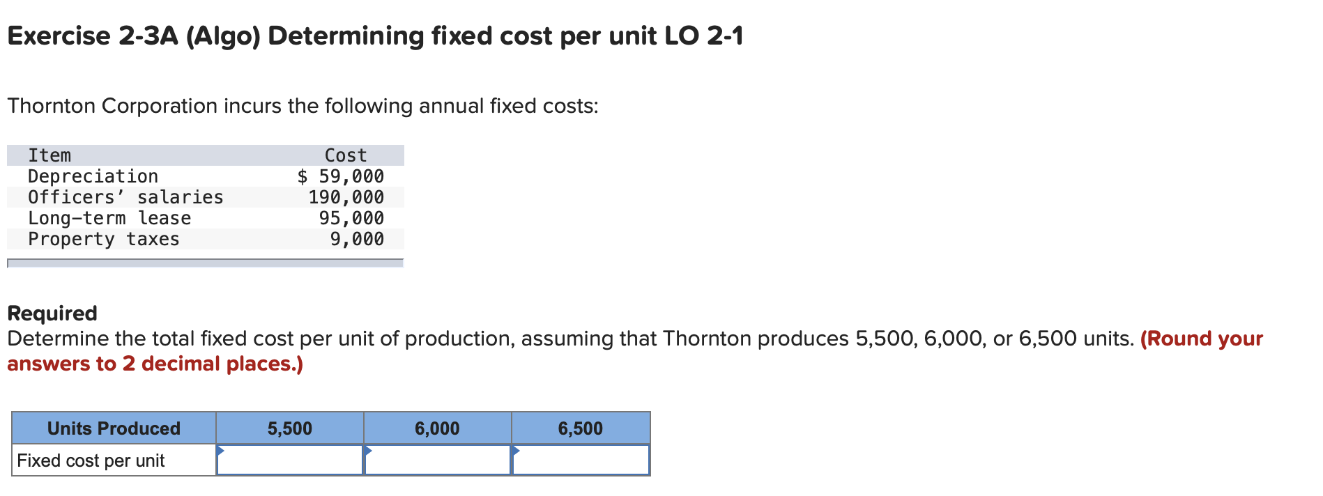 Exercise 2-3A (Algo) Determining fixed cost per unit LO 2-1 Thornton