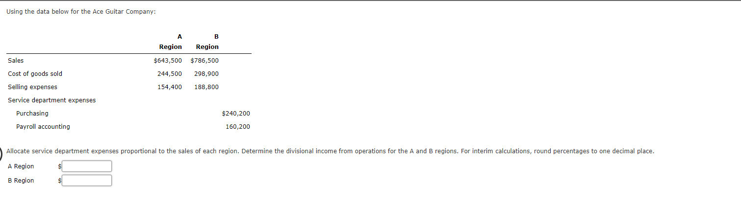  Using the data below for the Ace Guitar Company: A Region