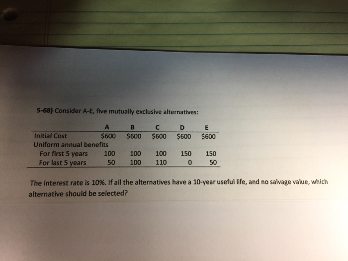  Consider A-E, five mutually exclusive alternatives: The interest rate is 10%.