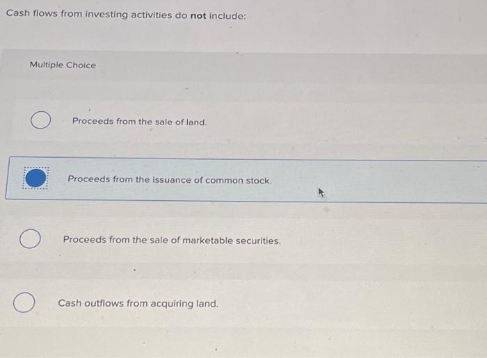  Cash flows from investing activities do not include: Multiple Choice Proceeds