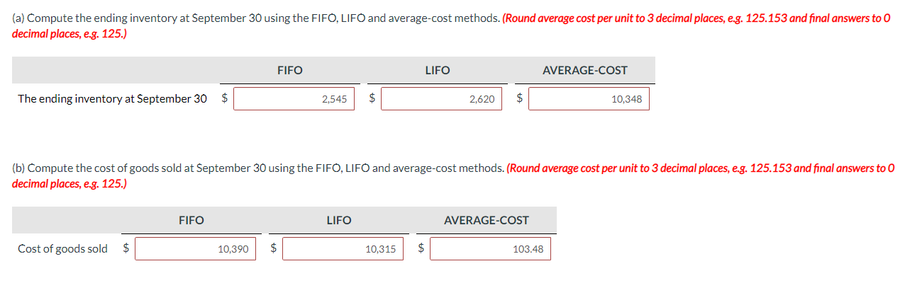 LIFO and average-cost methods. (Round average cost per unit to 3 decimal