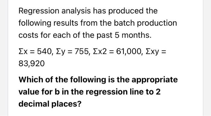  Regression analysis has produced the following results from the batch production