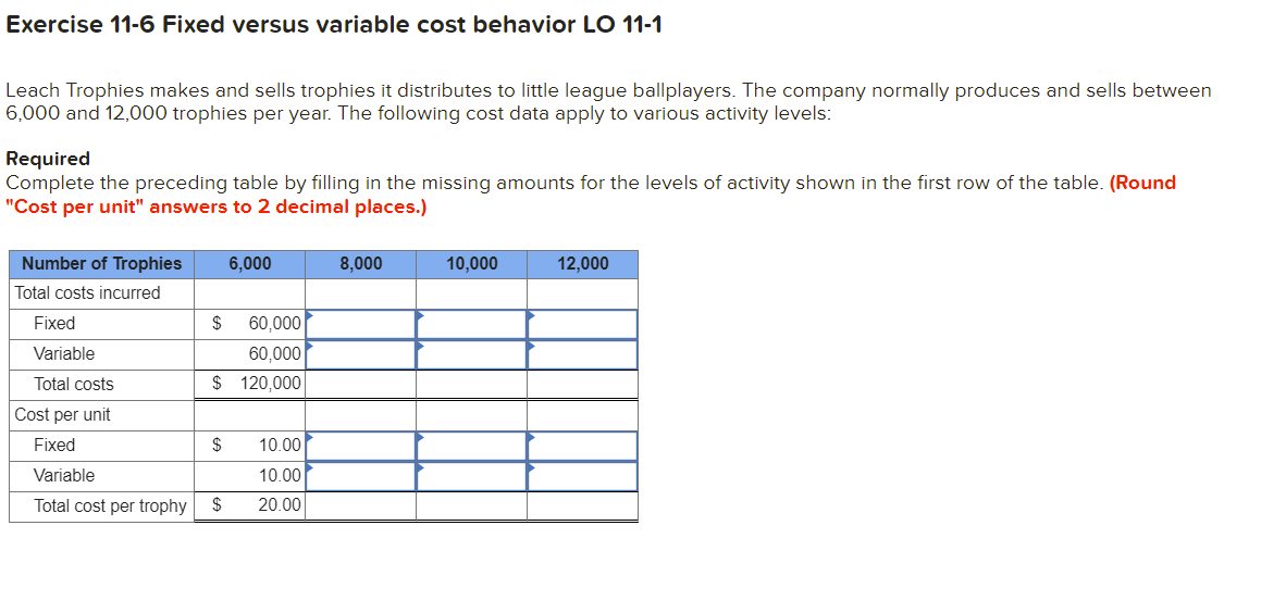  Exercise 11-6 Fixed versus variable cost behavior LO 11-1 Leach Trophies