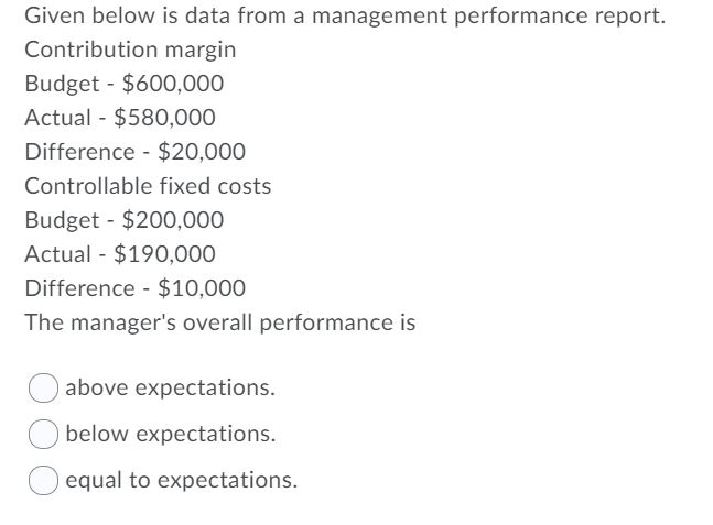 Budget - $1,000,000 Actual - $1,050,000 Difference - $50,000 Controllable fixed costs