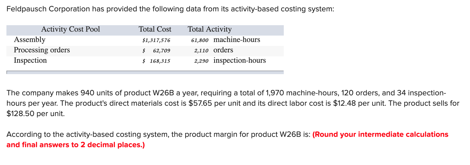 Feldpausch Corporation has provided the following data from its activity-based costing