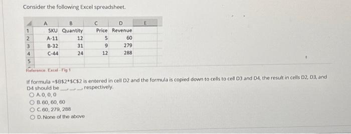  Consider the following Excel spreadsheet. 1 2 3 4 A SKU