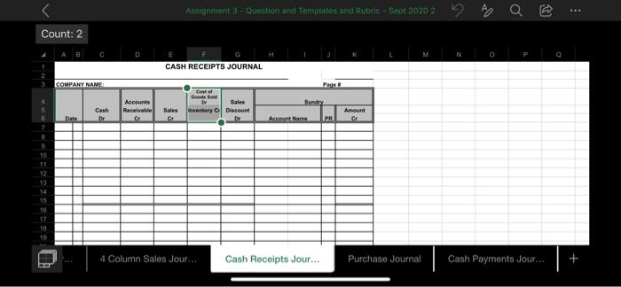 CASH RECEIPTS JOURNAL COMPANY NAME Page Cof Goods Sales entory | Discount