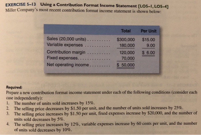  EXERCISE S-13 Using a Contribution Format Income Statement [LOS-1, LO Miller