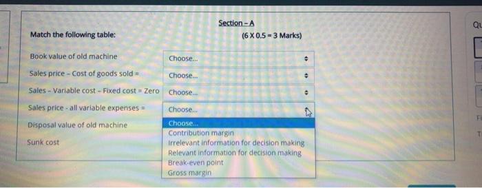 following table: Book value of old machine Choose... Sales price - Cost