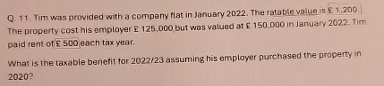  Q.11. Tim was provided with a company flat in January 2022.