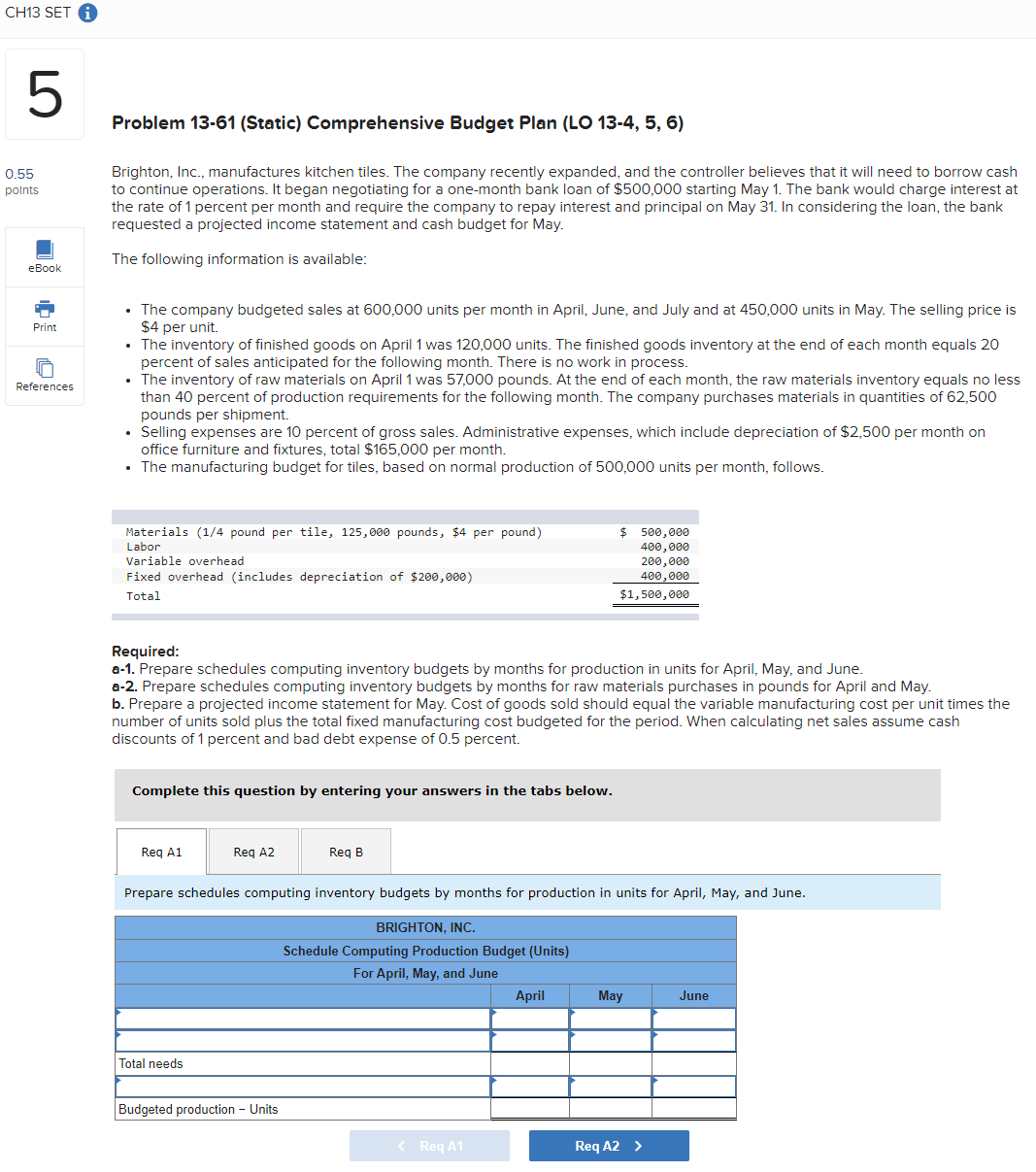  Problem 13-61 (Static) Comprehensive Budget Plan (LO 13-4, 5, 6) Brighton,