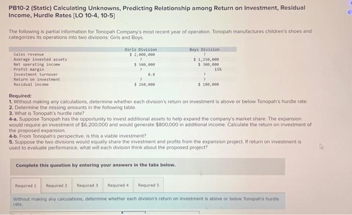 2 PB10-2 (Static) Calculating Unknowns, Predicting Relationship among Return on Investment, Residual