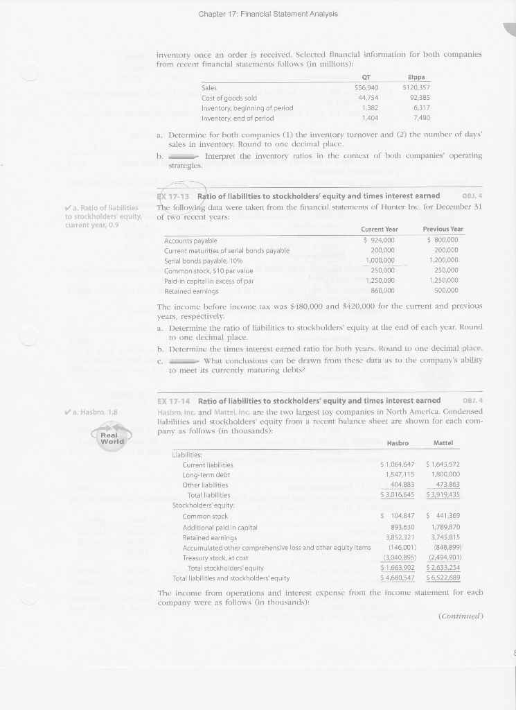 Can you help with solution to problem EX 17-13 below? Chapter 17: