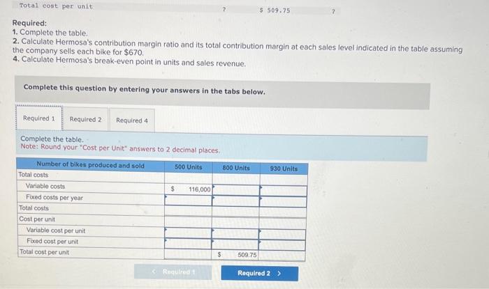 6-1, 6-2] Hermoso, Incorporated produces one model of mountain bike. Partial information