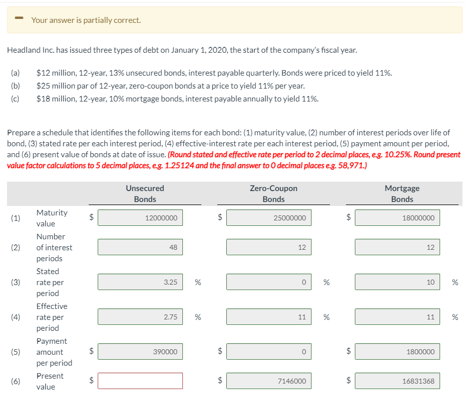Your answer is partially correct. Headland Inc. has issued three types