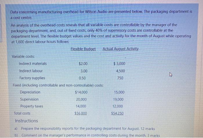  Data concerning manufacturing overhead for Wilson Audio are presented below. The