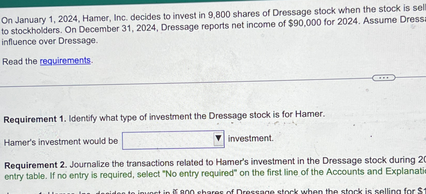  On January 1,2024, Hamer, Inc. decides to invest in 9,800 shares