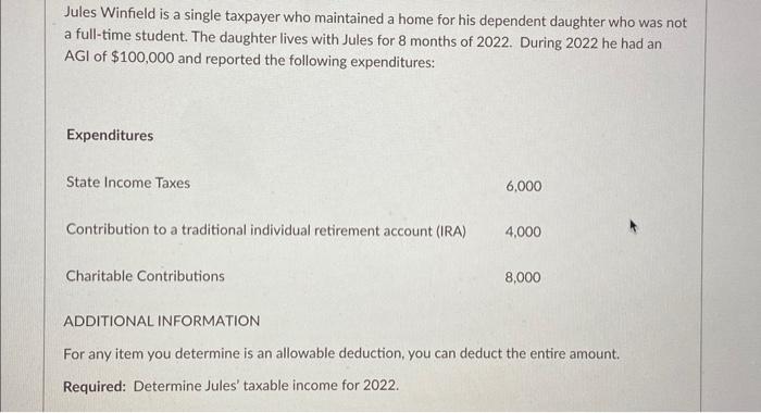 please explain Jules Winfield is a single taxpayer who maintained a home