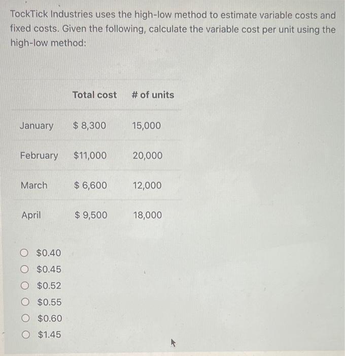  TockTick Industries uses the high-low method to estimate variable costs and