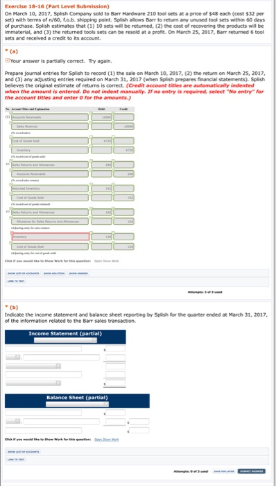  Please complete part b Exercise 18-16 (Part Level Submission) On March
