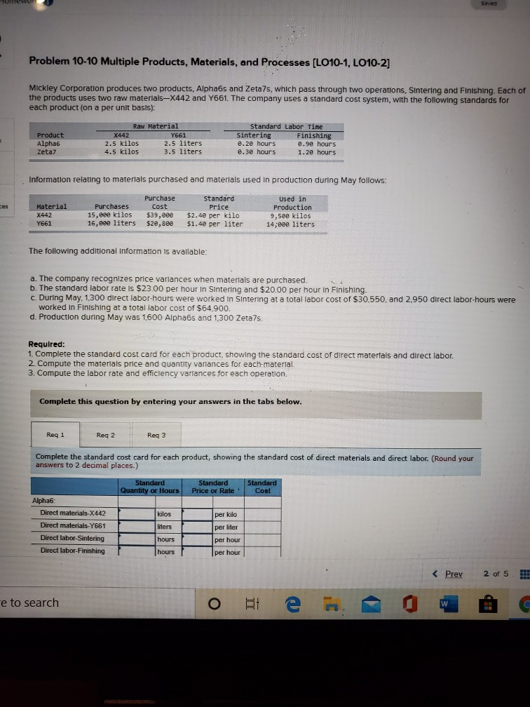 ch 10 q 2 ST Problem 10-10 Multiple Products, Materials, and Processes